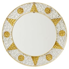 Vintage 1960s French Circular Mirror with Embossed Geometric Metal Frame