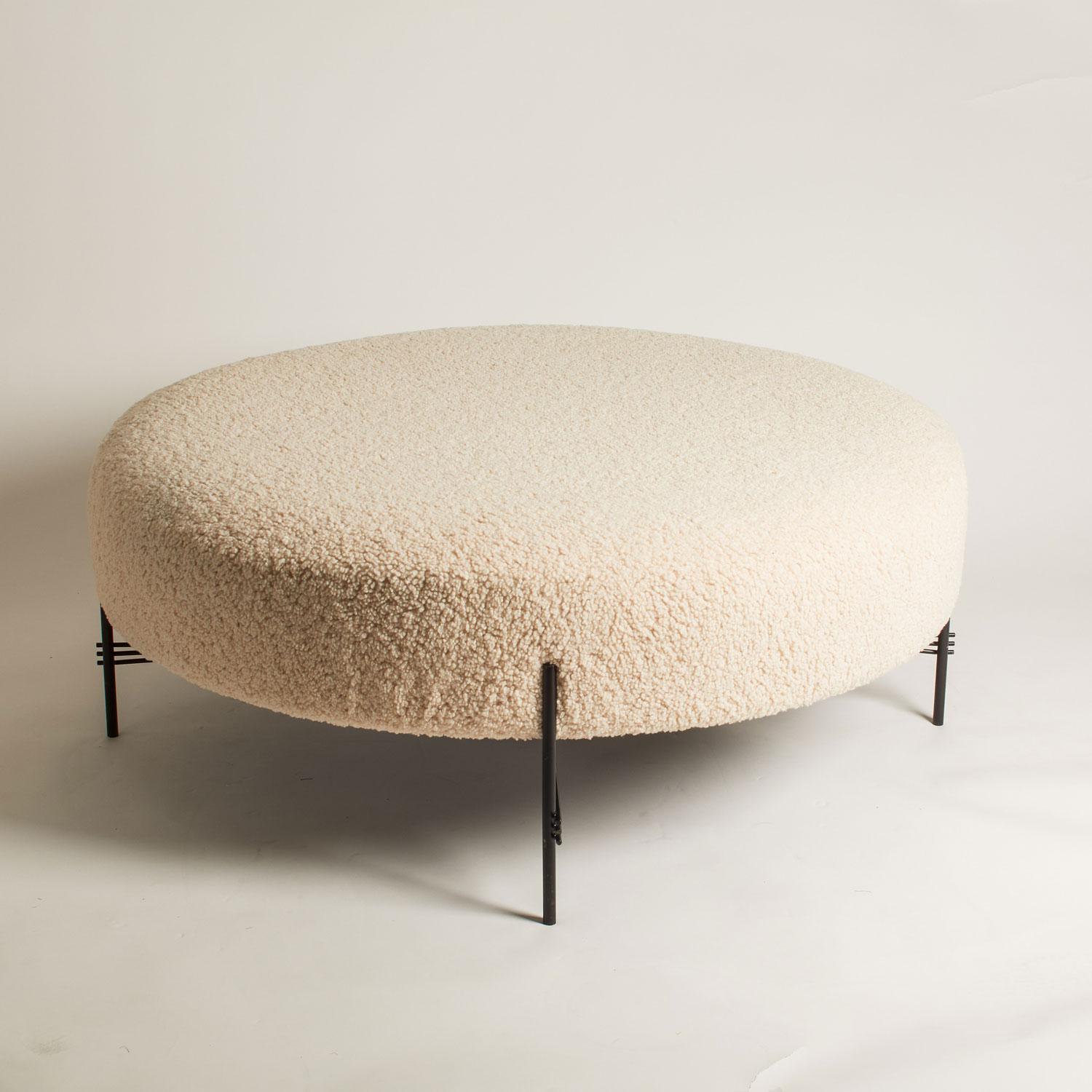 1960s French circular ottoman with black metal legs restored & reupholstered.
