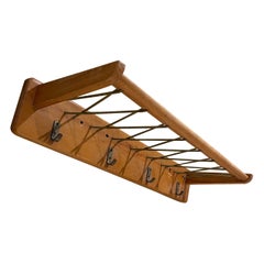 1960s French Coat Rack in Maple Wood and Rope Four Brass Hooks France