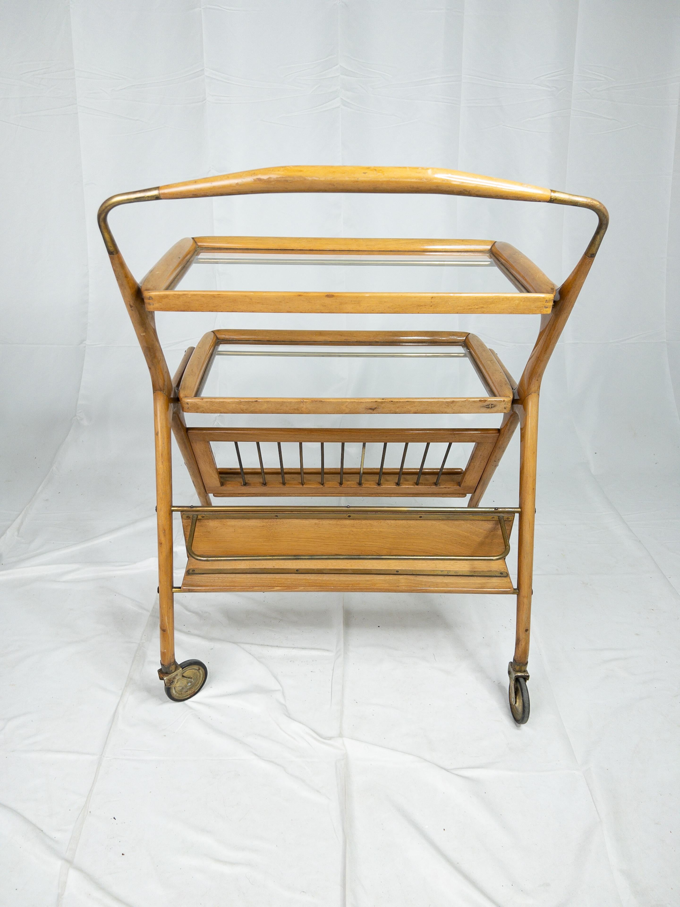 Brass 1960’s French Collapsible Wooden Bar Cart For Sale