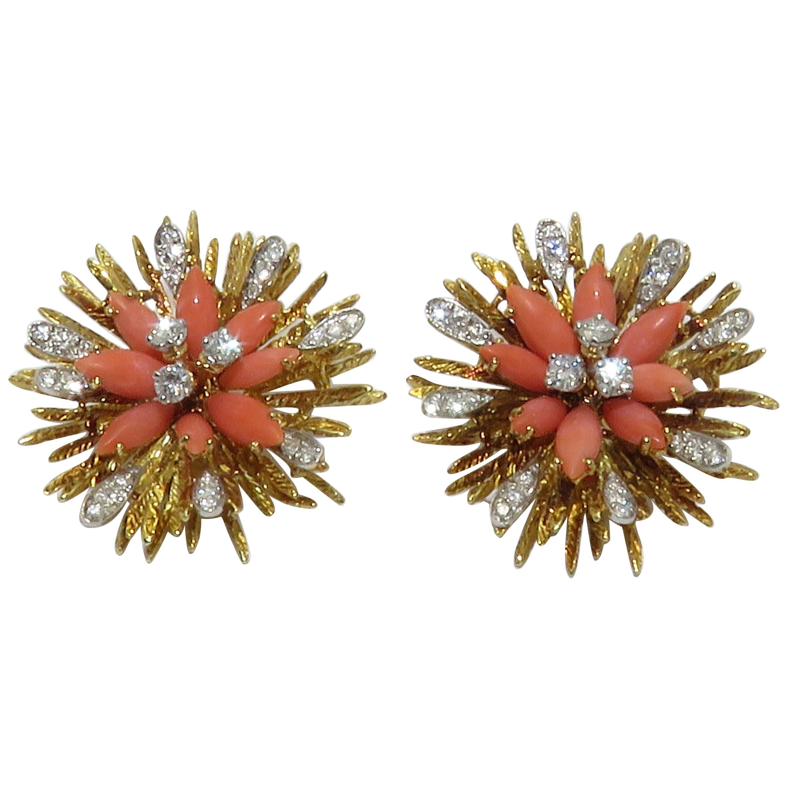 1960s French Coral Diamond Flower Gold Platinum Earrings