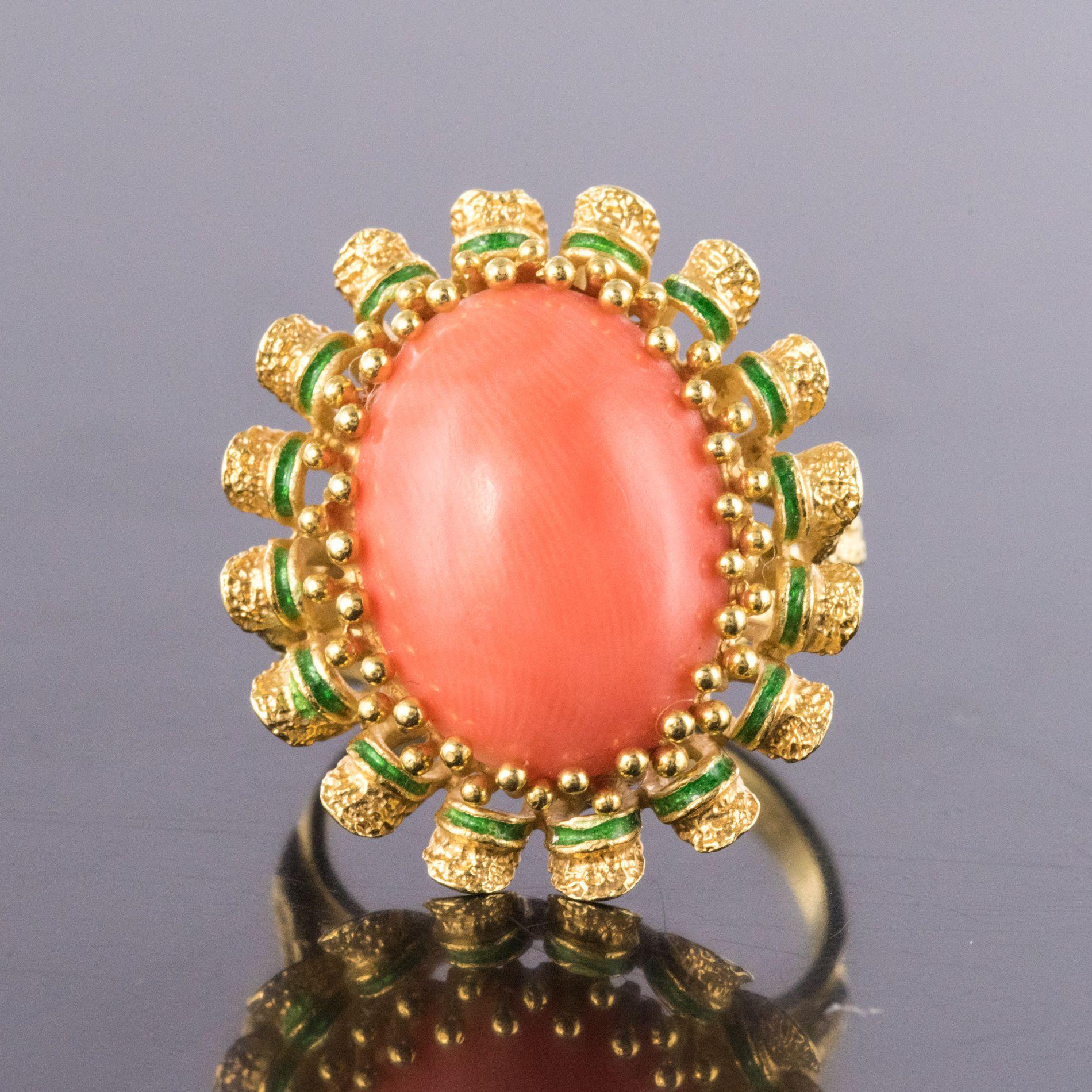 1960s French Coral Green Enamel Gold Ring 5