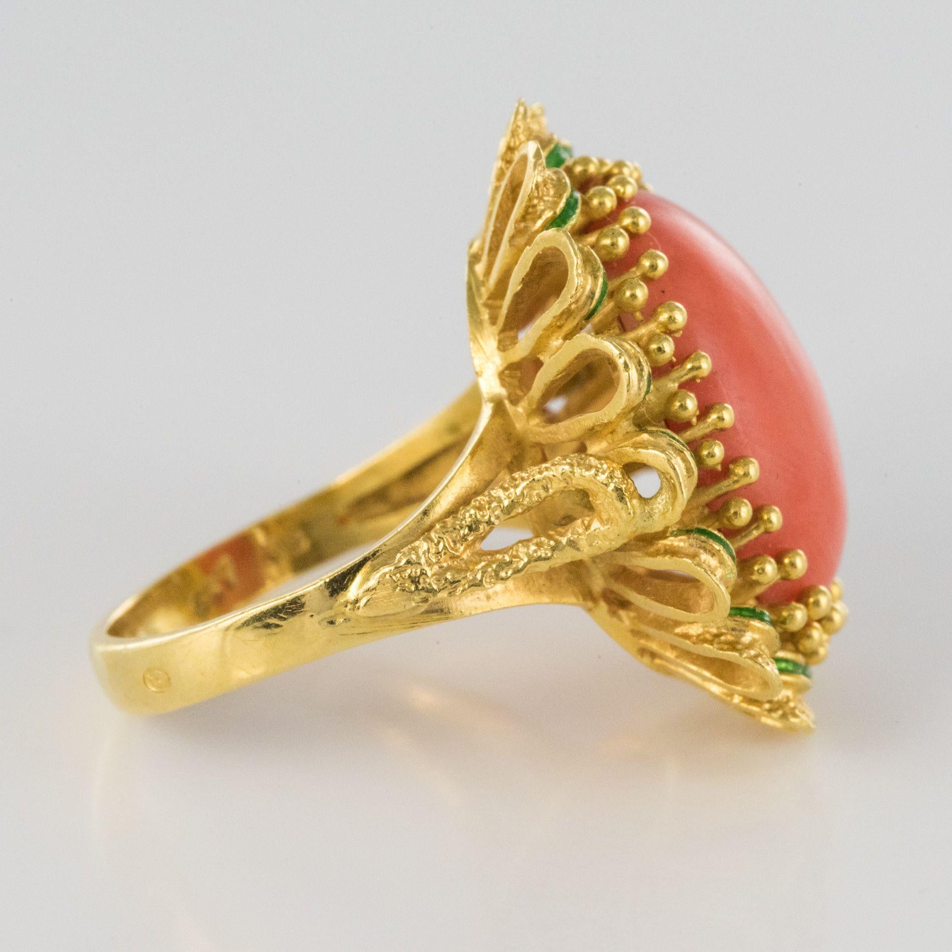 1960s French Coral Green Enamel Gold Ring 7