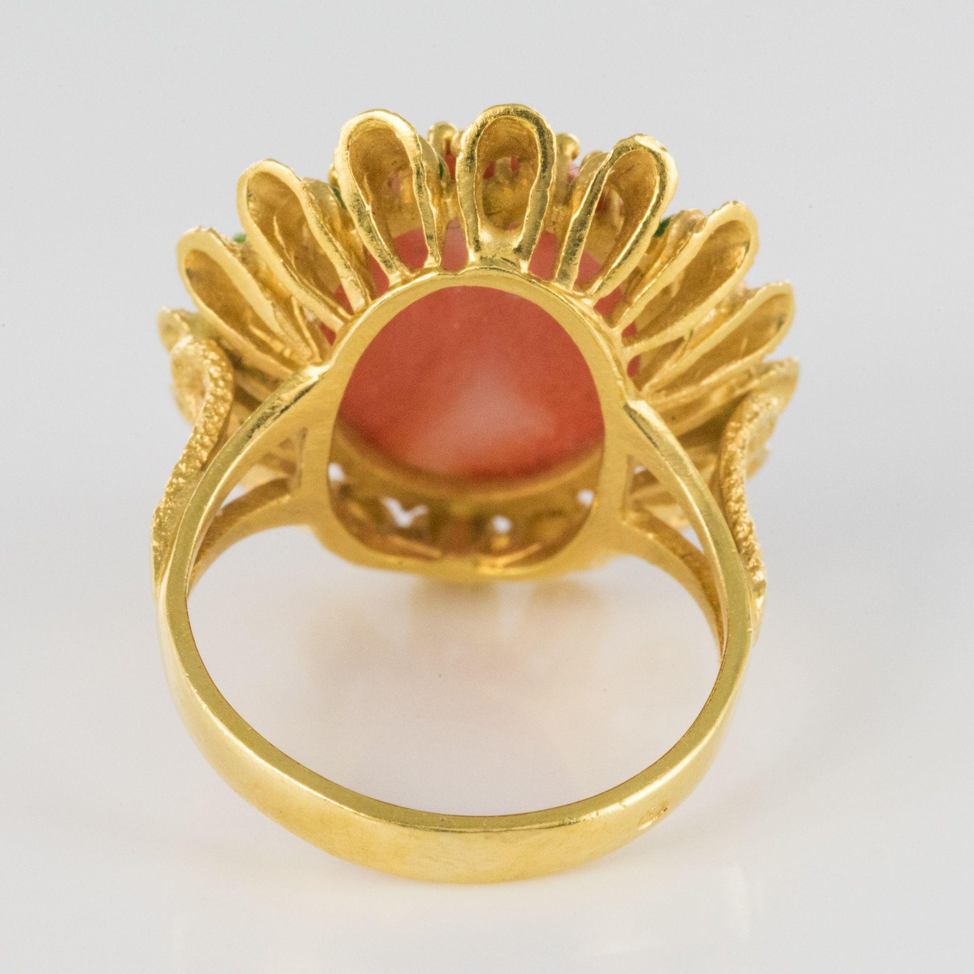 1960s French Coral Green Enamel Gold Ring 8