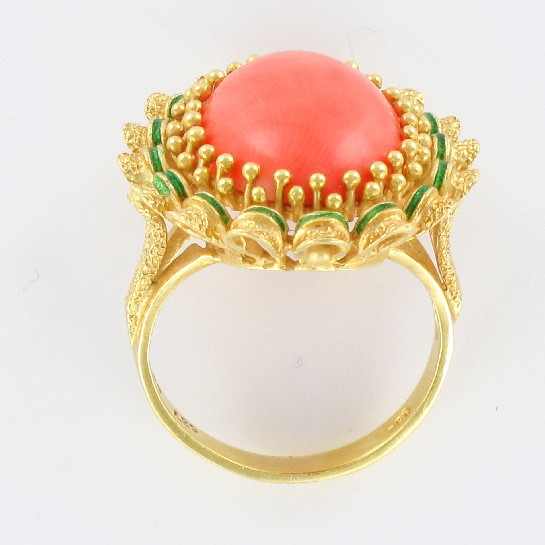 1960s French Coral Green Enamel Gold Ring 9