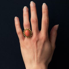 1960s French Coral Green Enamel Gold Ring