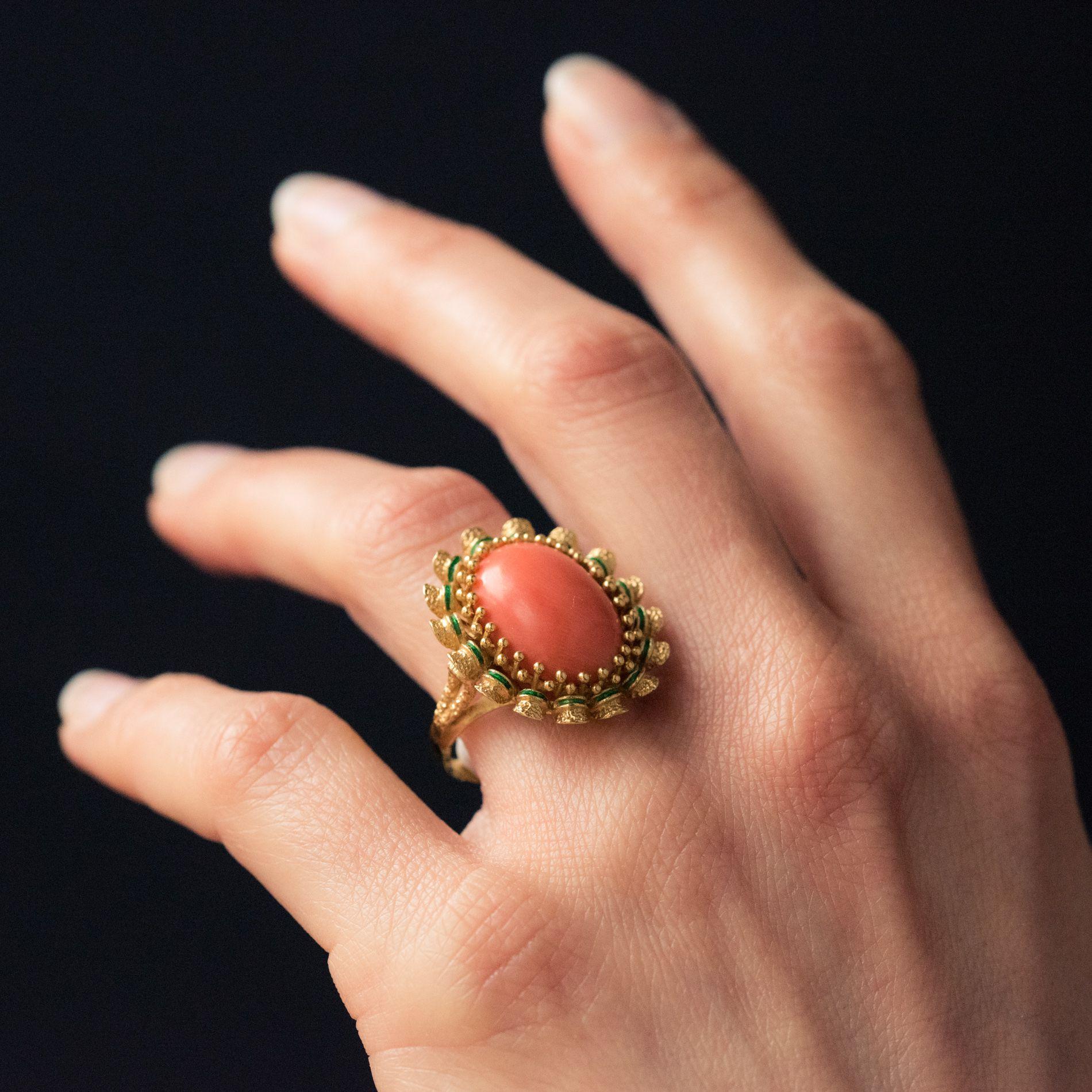 1960s French Coral Green Enamel Gold Ring 1