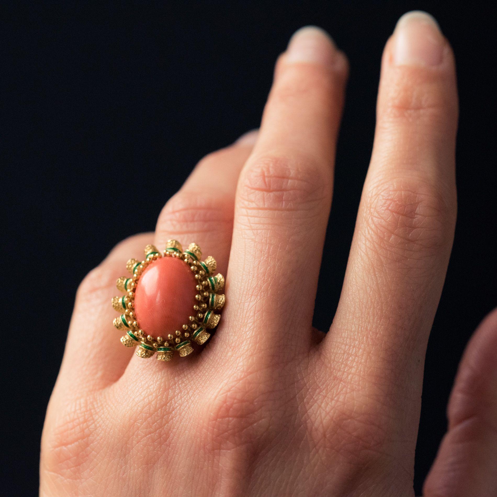 1960s French Coral Green Enamel Gold Ring 3