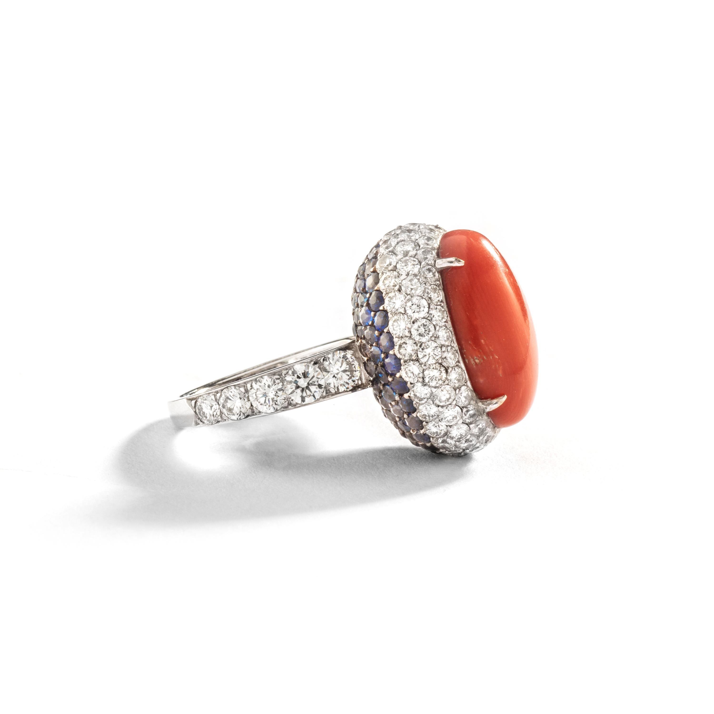 Modern 1960S French Coral Sapphire Diamond Gold Ring For Sale