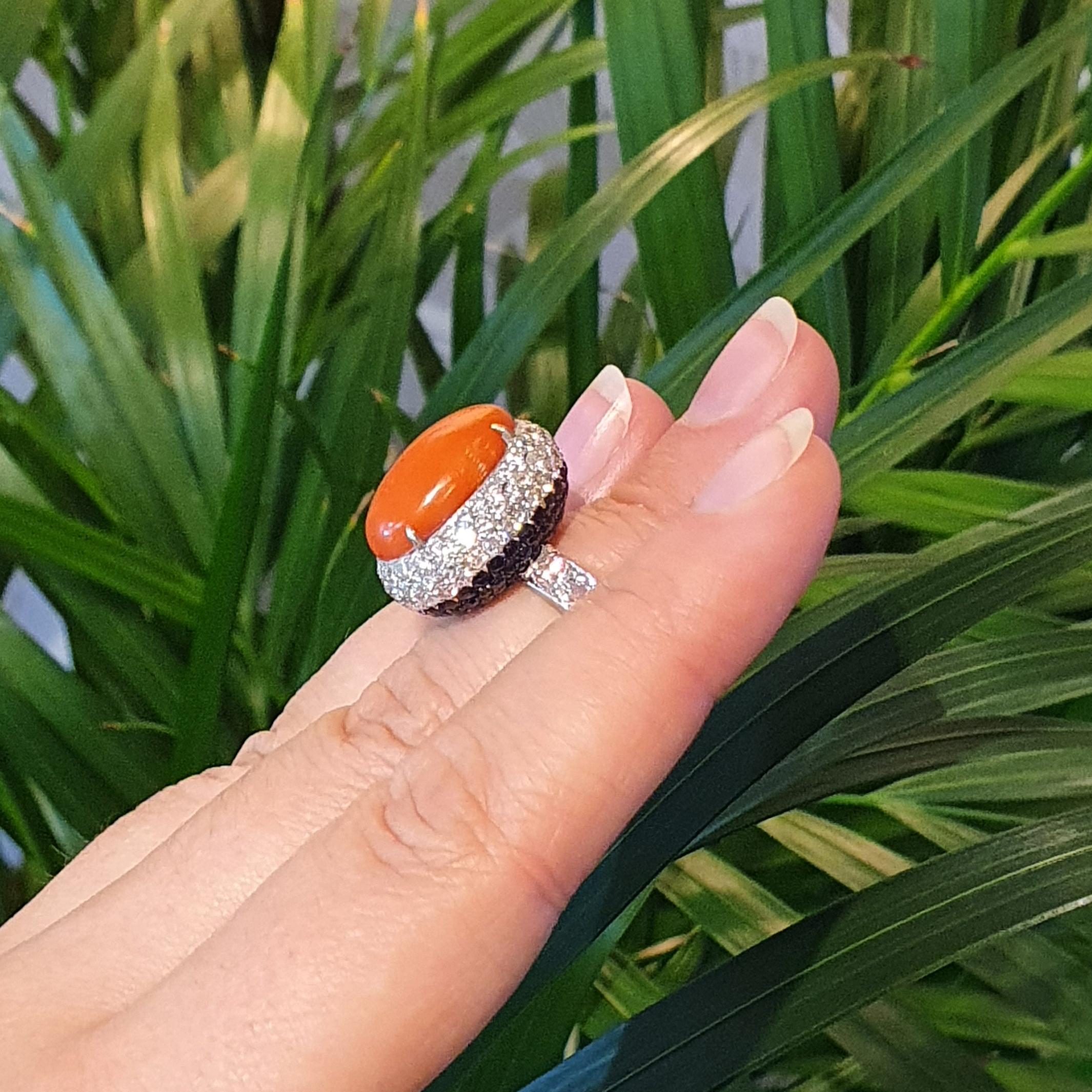 1960S French Coral Sapphire Diamond Gold Ring For Sale 1
