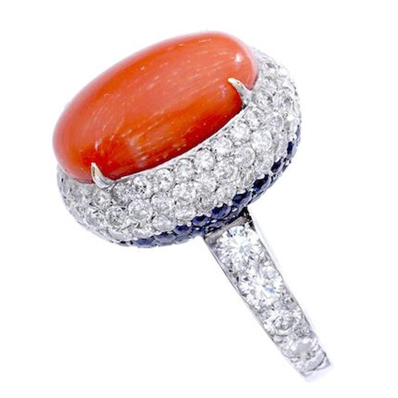 1960S French Coral Sapphire Diamond Gold Ring