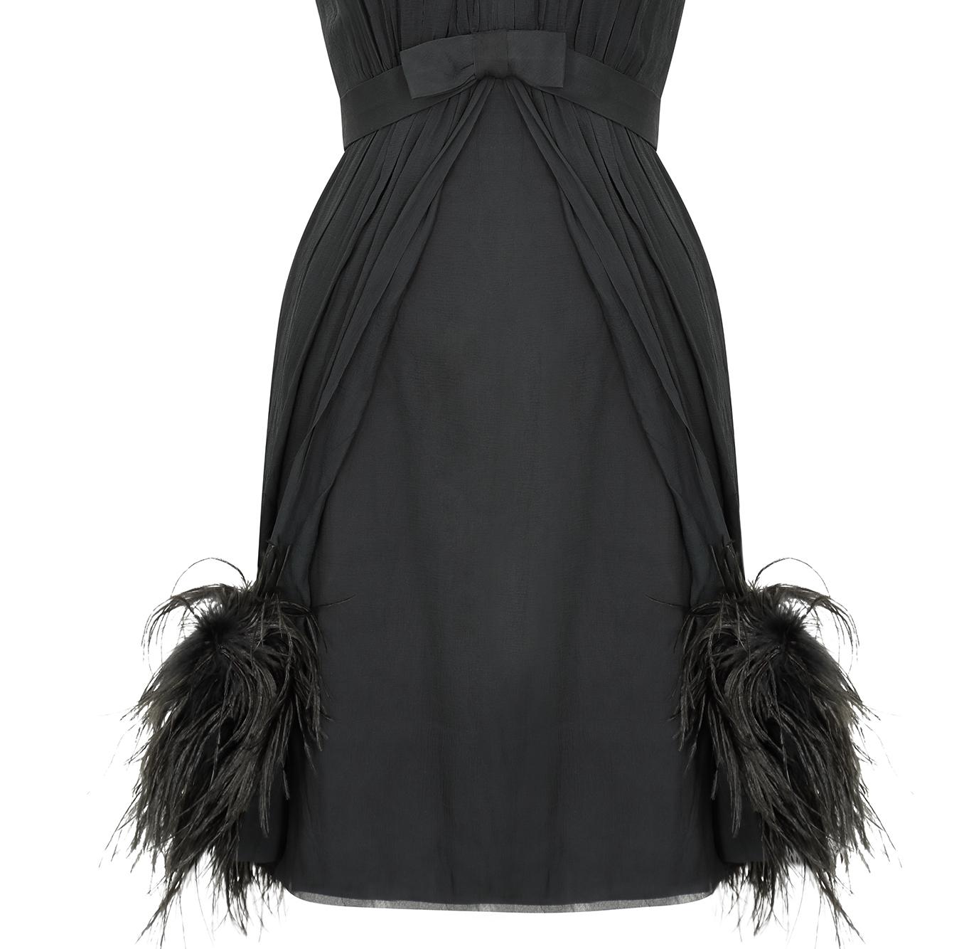 1960s French Couture Black Chiffon and Feather Cocktail Dress 1