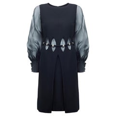 1960s French Couture Black Crepe and Chiffon Dress with Diamante Belt