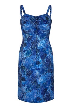 1960s French Couture Blue Floral Textured Silk Dress & Jacket Suit