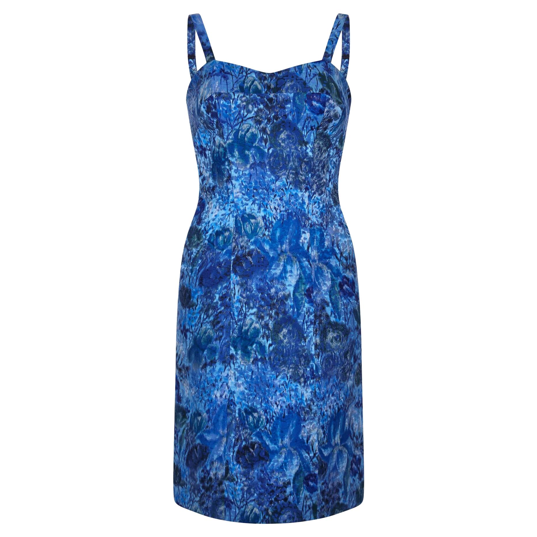 1960s French Couture Blue Floral Textured Silk Dress & Jacket Suit