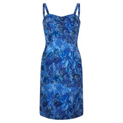 1960s French Couture Blue Floral Textured Silk Dress & Jacket Suit
