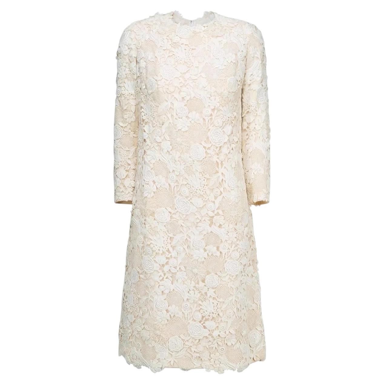 1960s French Couture Cream Guipure Floral Lace Midi Dress