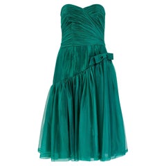 1960s French Couture Emerald Green Chiffon Strapless Dress