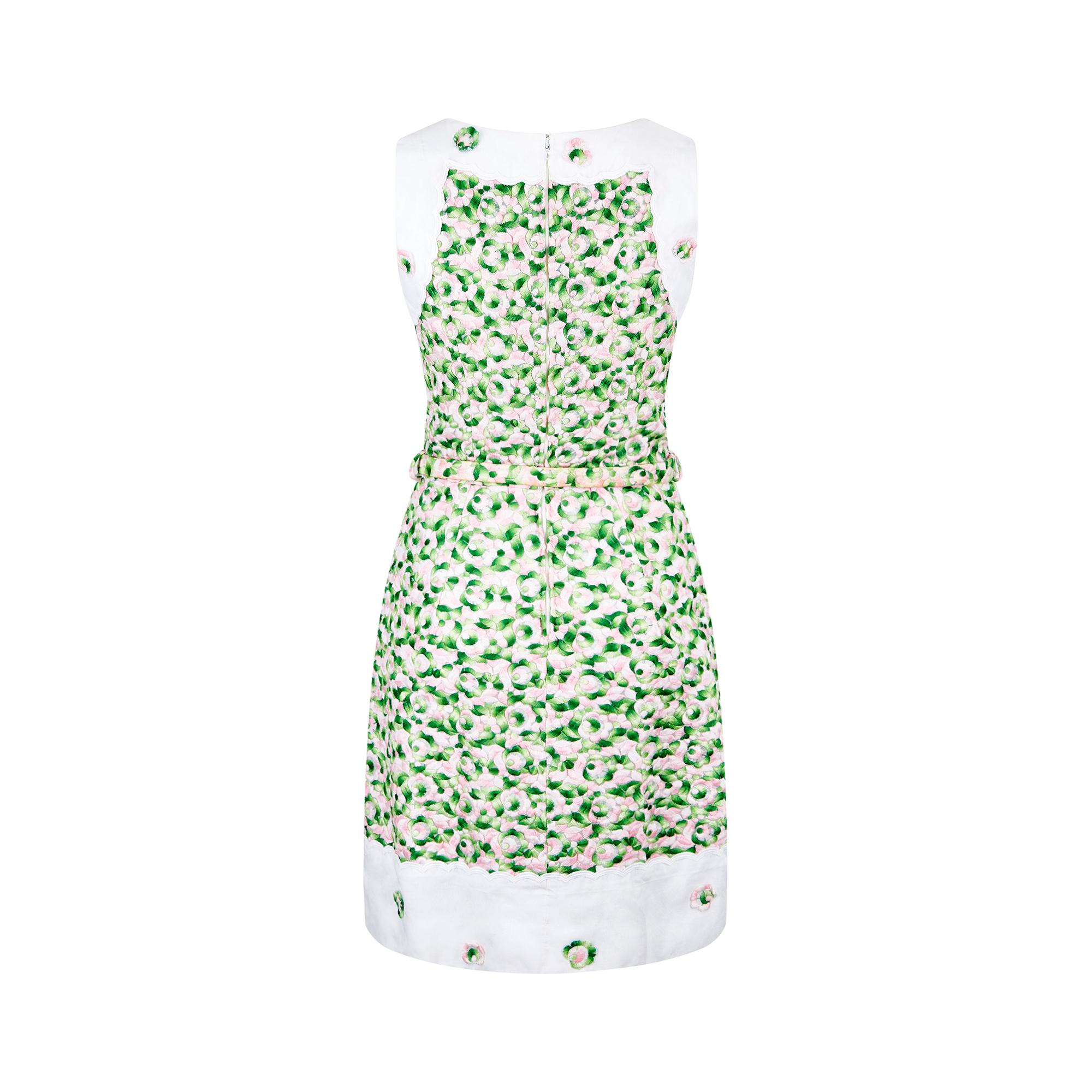 Robe brodée de fleurs vertes et roses de haute couture française des années 1960 Excellent état - En vente à London, GB