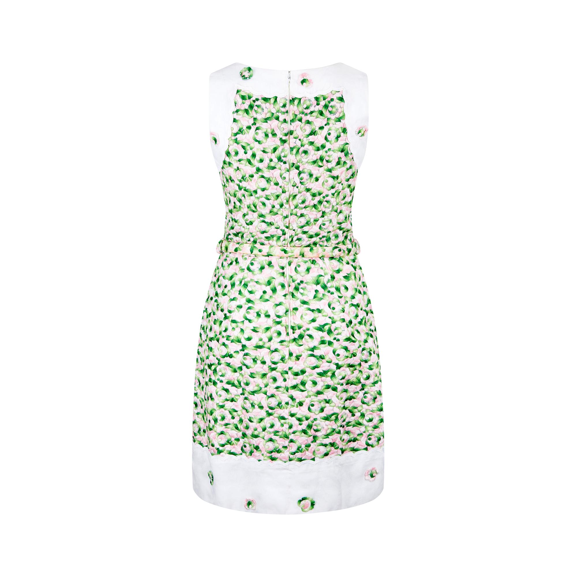 Gray 1960s French Couture Green and Pink Floral Embroidered Dress For Sale