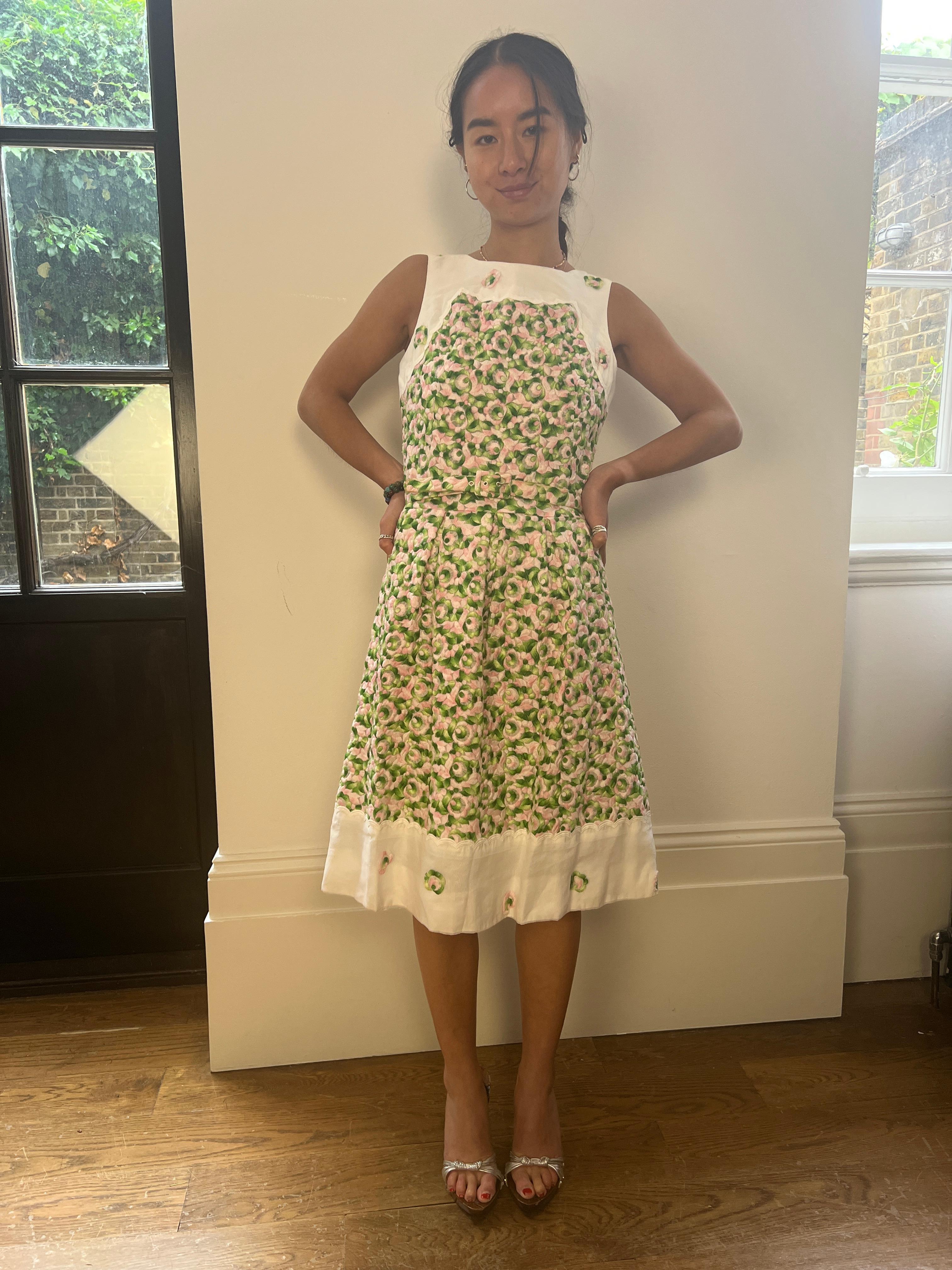 1960s French Couture Green and Pink Floral Embroidered Dress For Sale 1