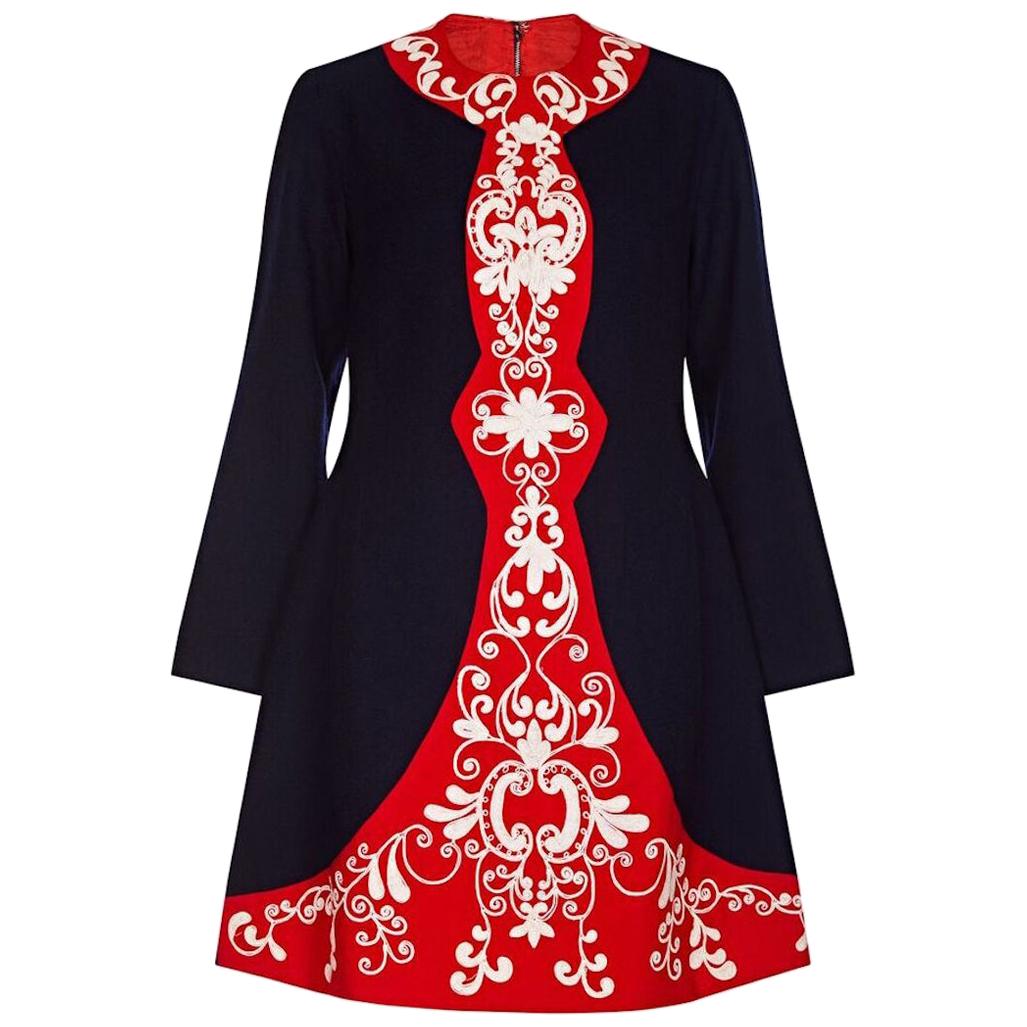 1960s French Couture Navy and Red Wool Crepe Embroidered Mod Dress