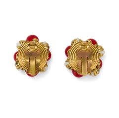 Boucles d'oreilles à clip des années 1960, style haute couture française, rouges, blanches et dorées