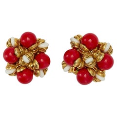 Boucles d'oreilles à clip des années 1960, style haute couture française, rouges, blanches et dorées
