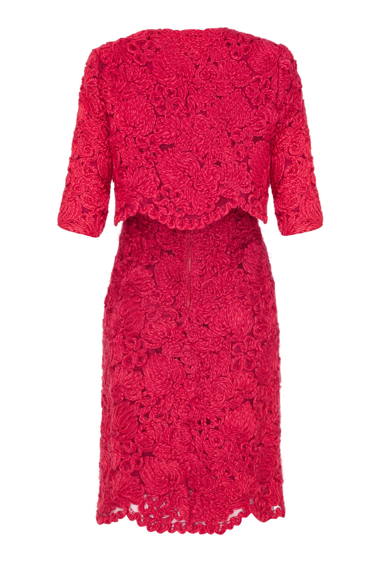 1960s French Couture Red Wool Applique Dress Suit In Excellent Condition For Sale In London, GB