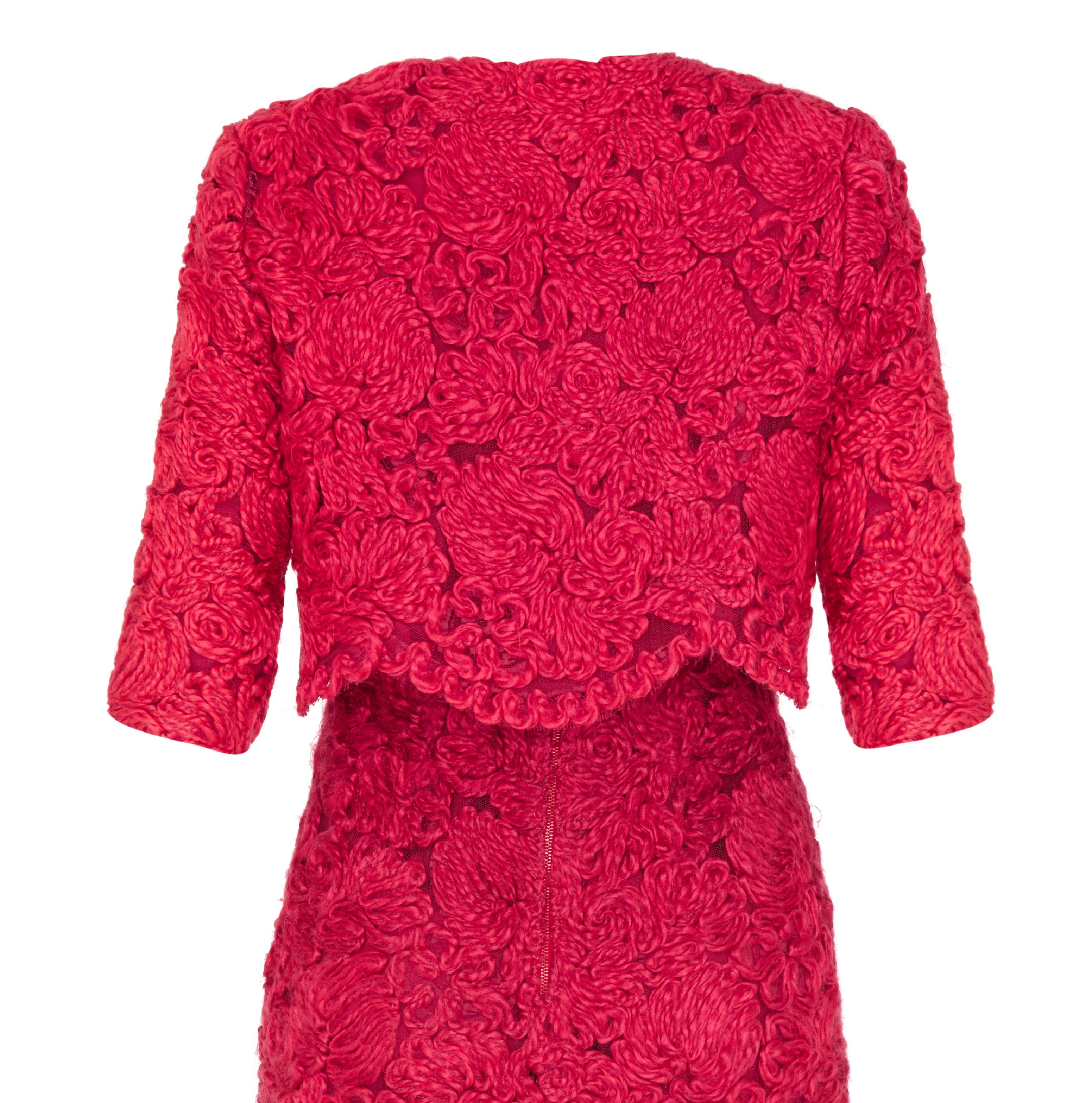 1960s French Couture Red Wool Applique Dress Suit For Sale 2
