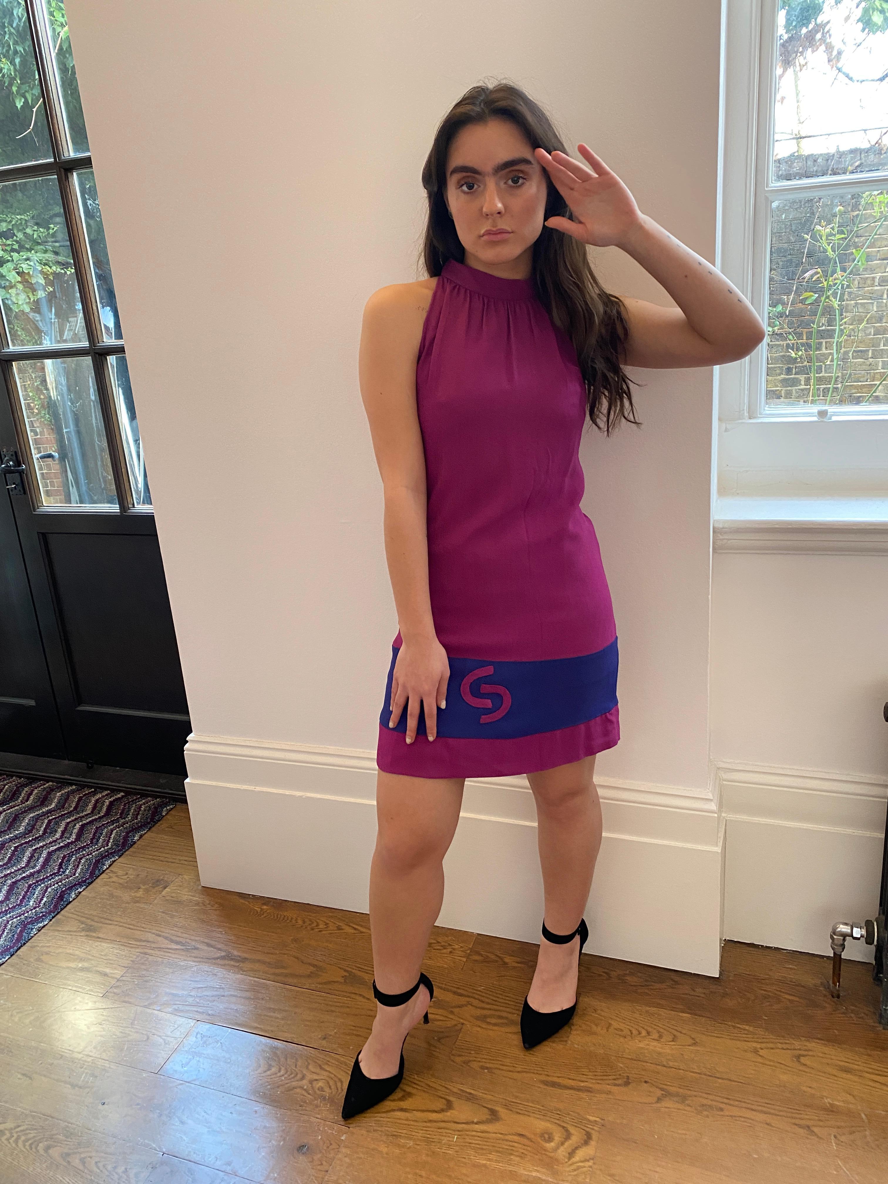 1960s French Crepe Pink & Purple Trapeze Dress For Sale 4