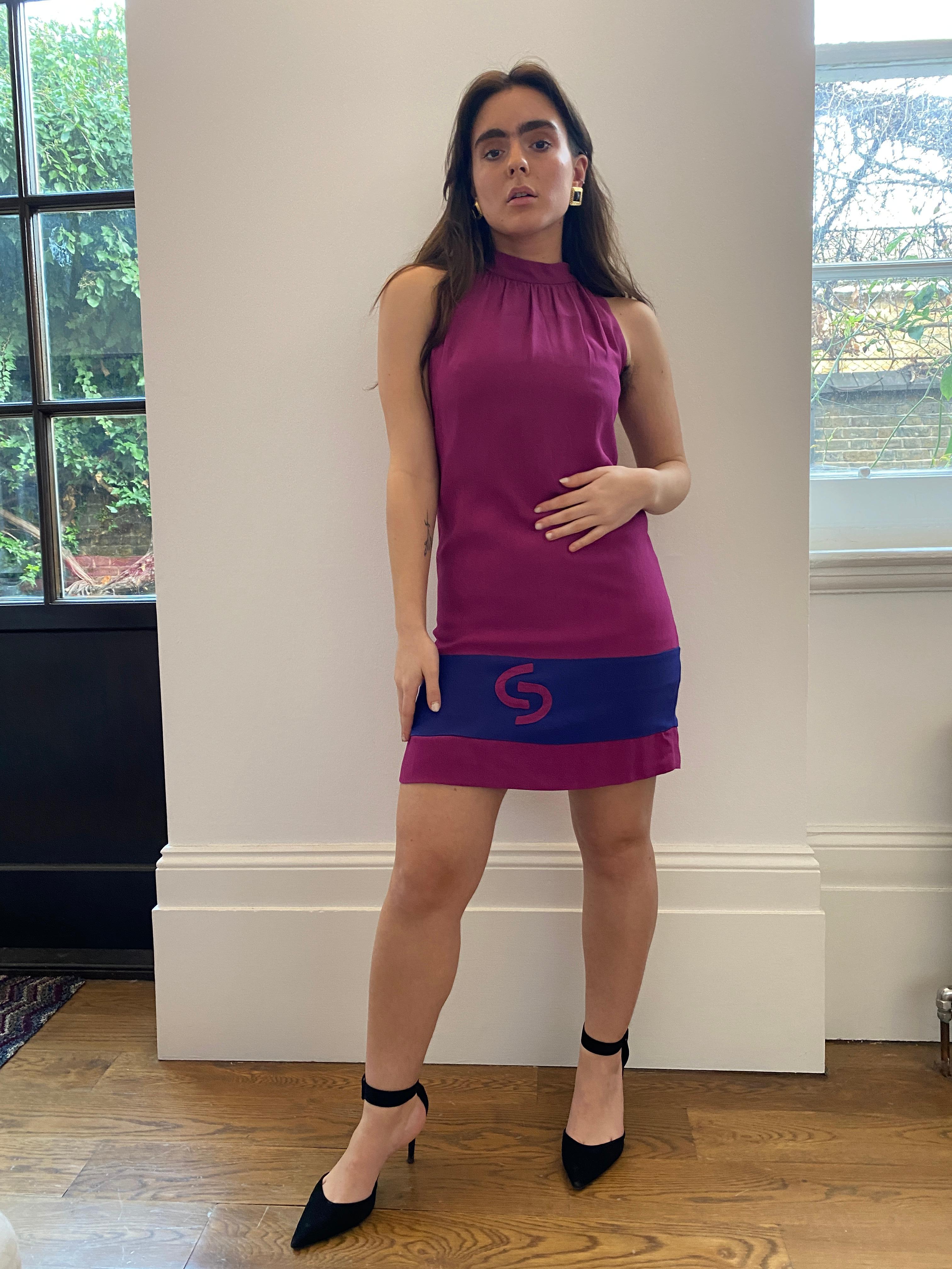 1960s French Crepe Pink & Purple Trapeze Dress For Sale 5