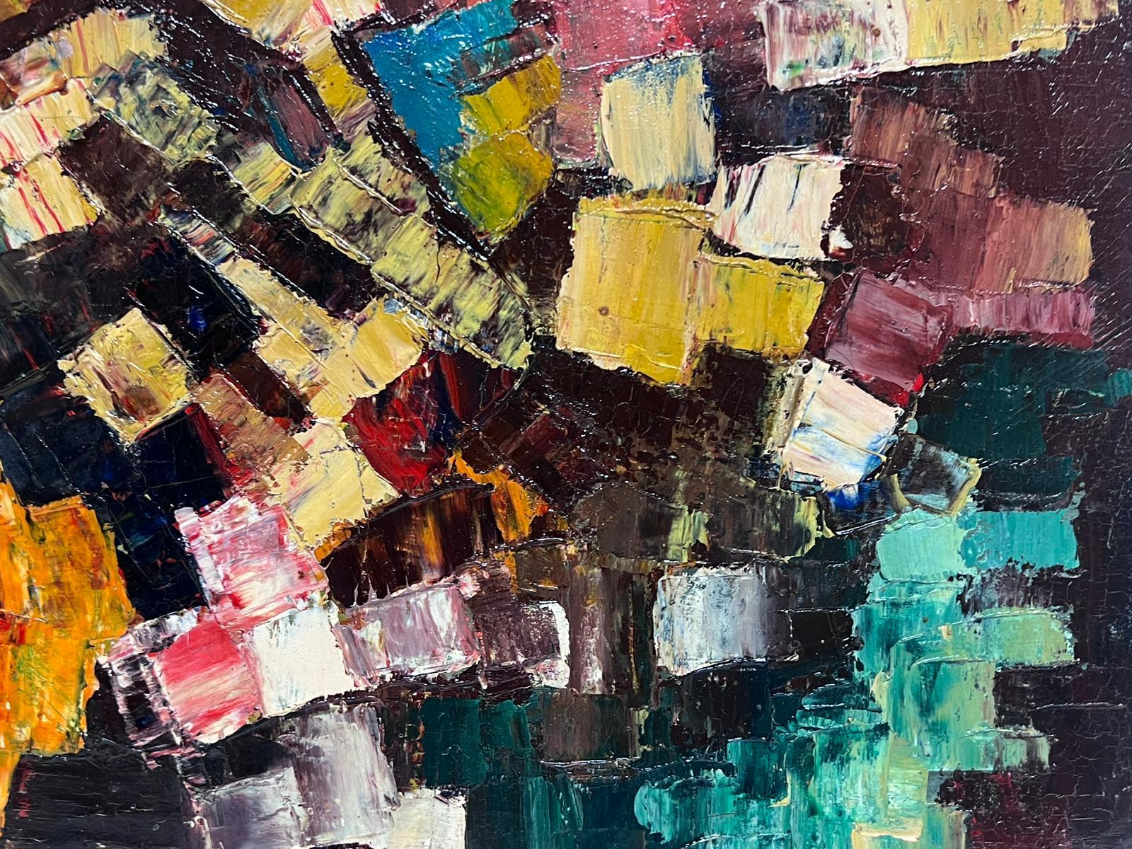Grande dipinto ad olio cubista francese del 1960 su tela con forme e colori sorprendenti - Painting di 1960's French Cubist