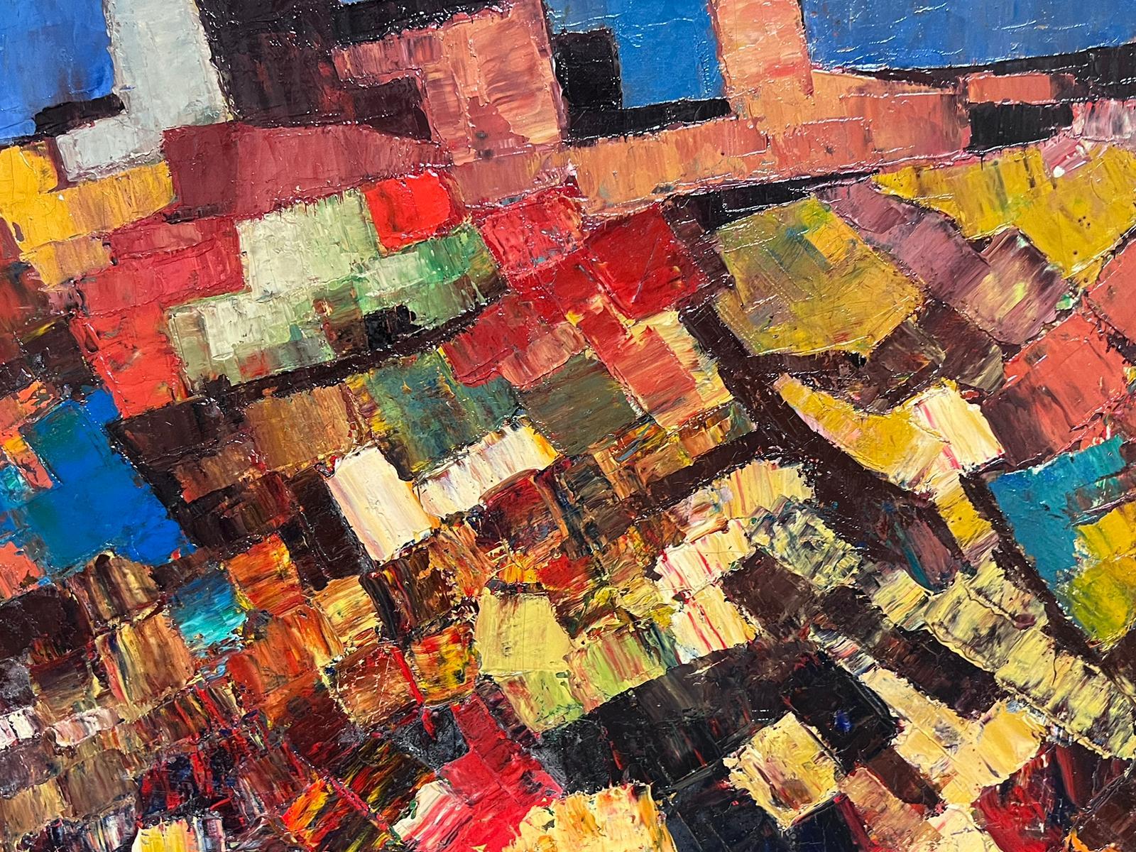Grande dipinto ad olio cubista francese del 1960 su tela con forme e colori sorprendenti - Painting Cubismo di 1960's French Cubist