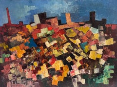 Large 1960's French Cubist Oil Painting on Canvas Amazing Shapes & Colors