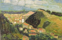 Large 1960's French Modernist/ Cubist Green Landscape Red Roofed Houses