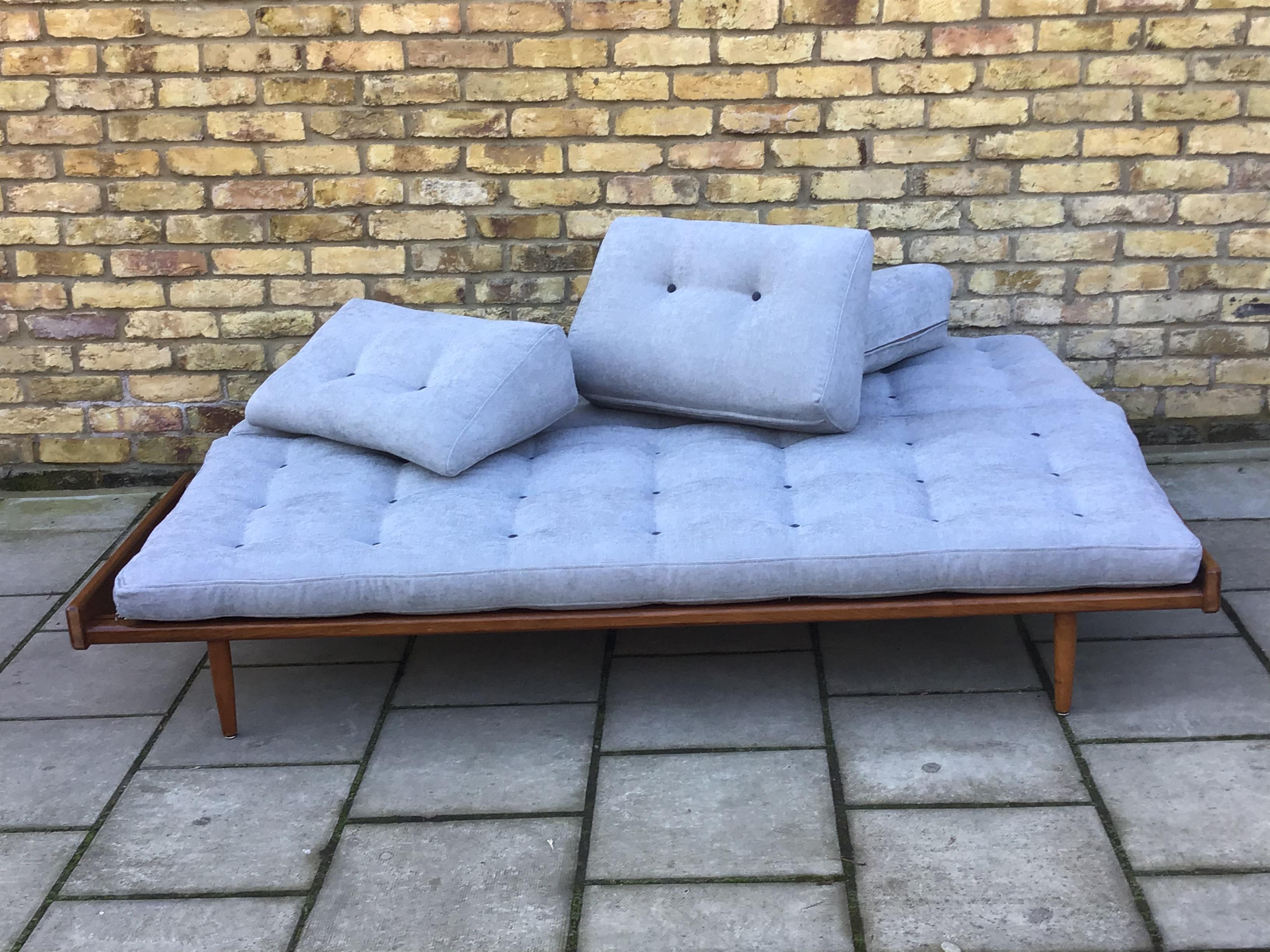 Teak 1960s French Daybed by Georges Tigien/1960s French Sofabed/1960s Blue Sofa