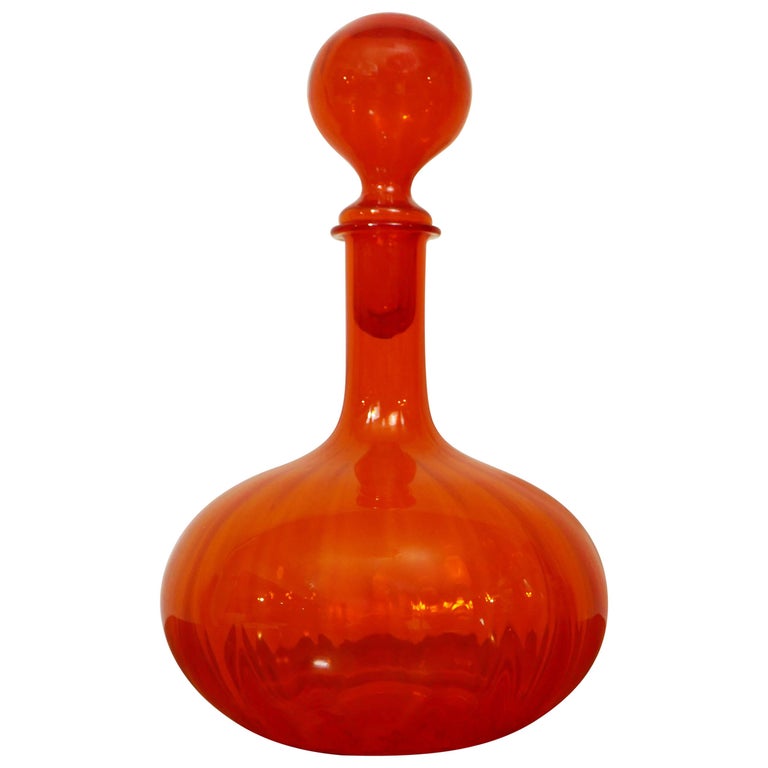 1960s French Decorative Orange Glass Decanter For Sale at 1stdibs