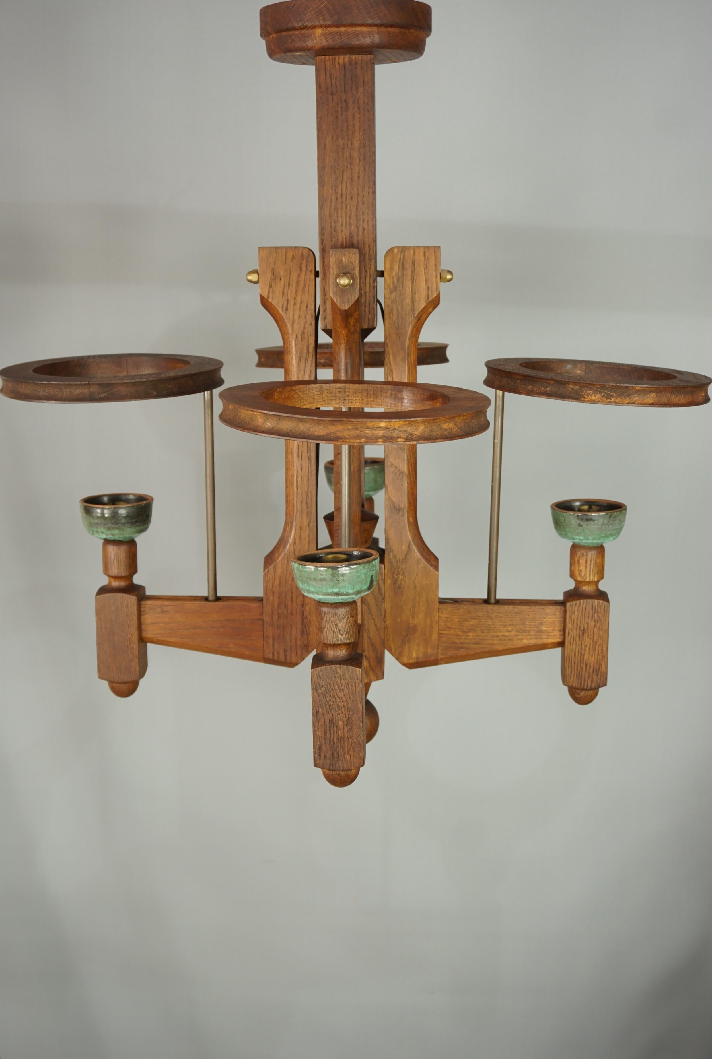1960s French Design Oak and Ceramics Chandelier by Guillerme and Chambron 5