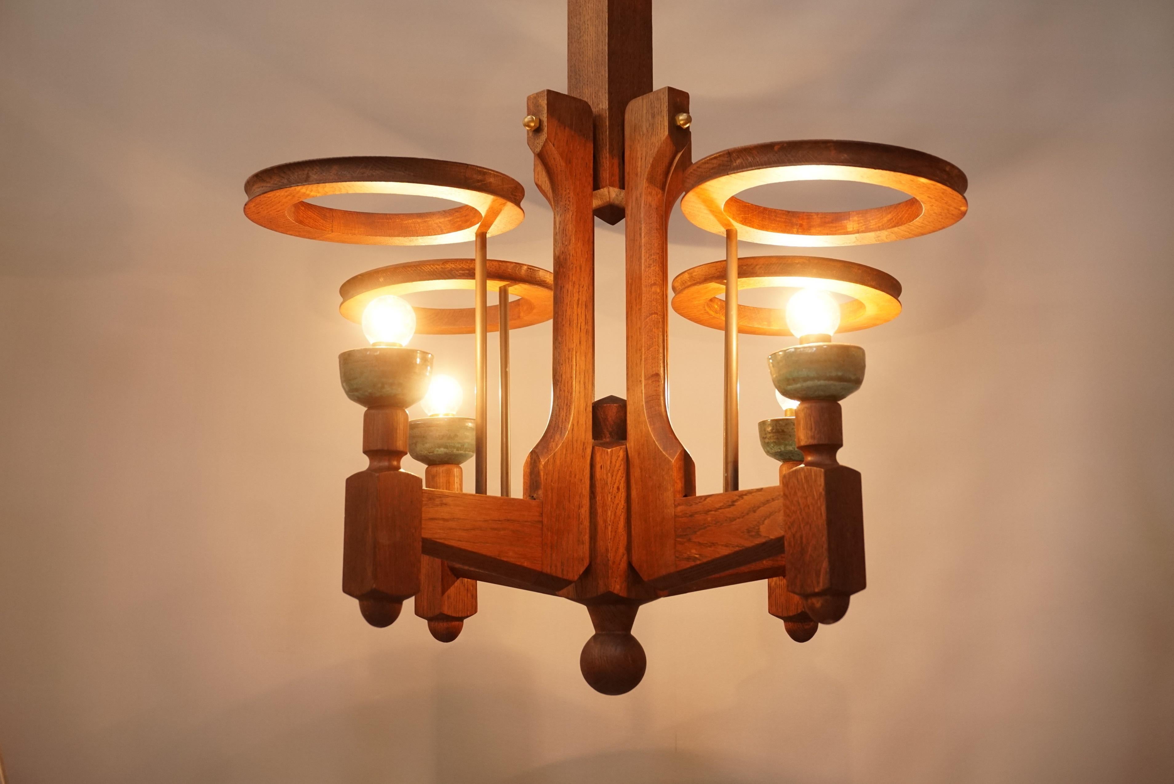 1960s French Design Oak and Ceramics Chandelier by Guillerme and Chambron 9