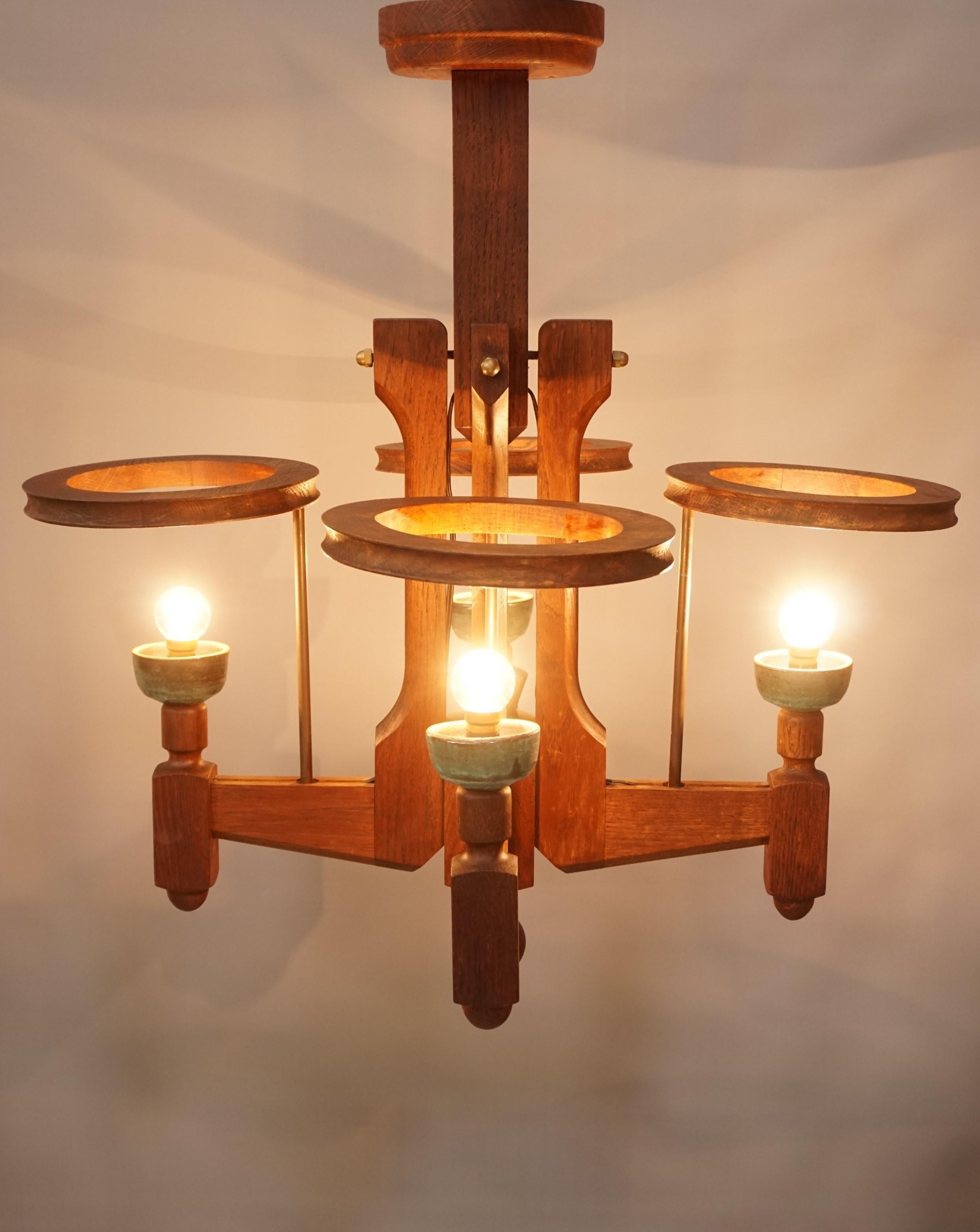 1960s French Design Oak and Ceramics Chandelier by Guillerme and Chambron 10