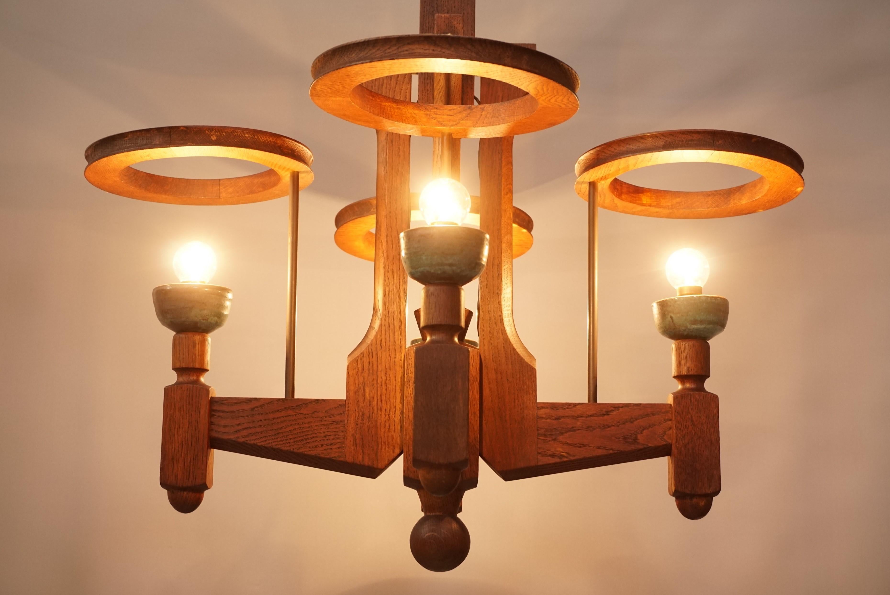 1960s French Design Oak and Ceramics Chandelier by Guillerme and Chambron 11