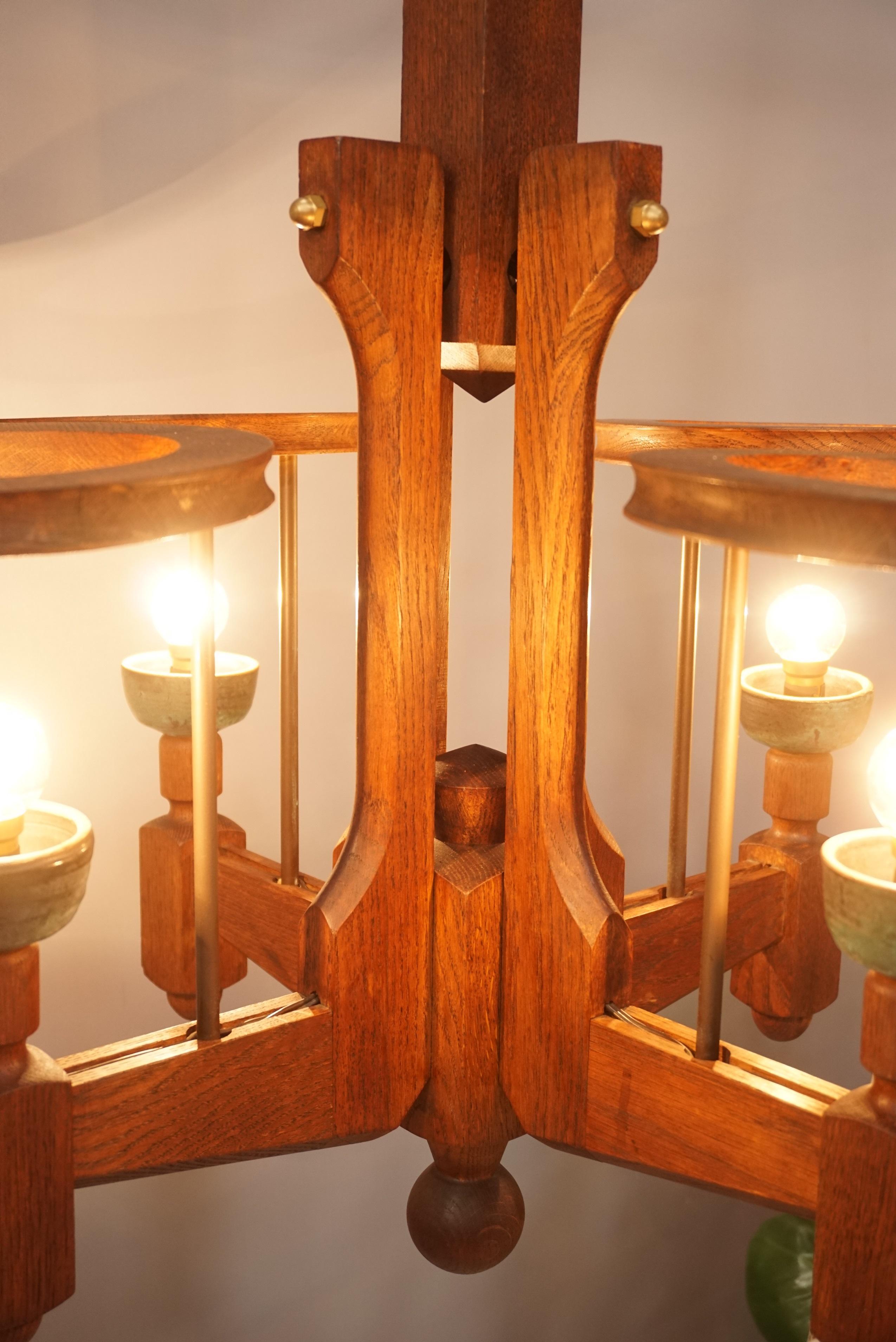 1960s French Design Oak and Ceramics Chandelier by Guillerme and Chambron 13