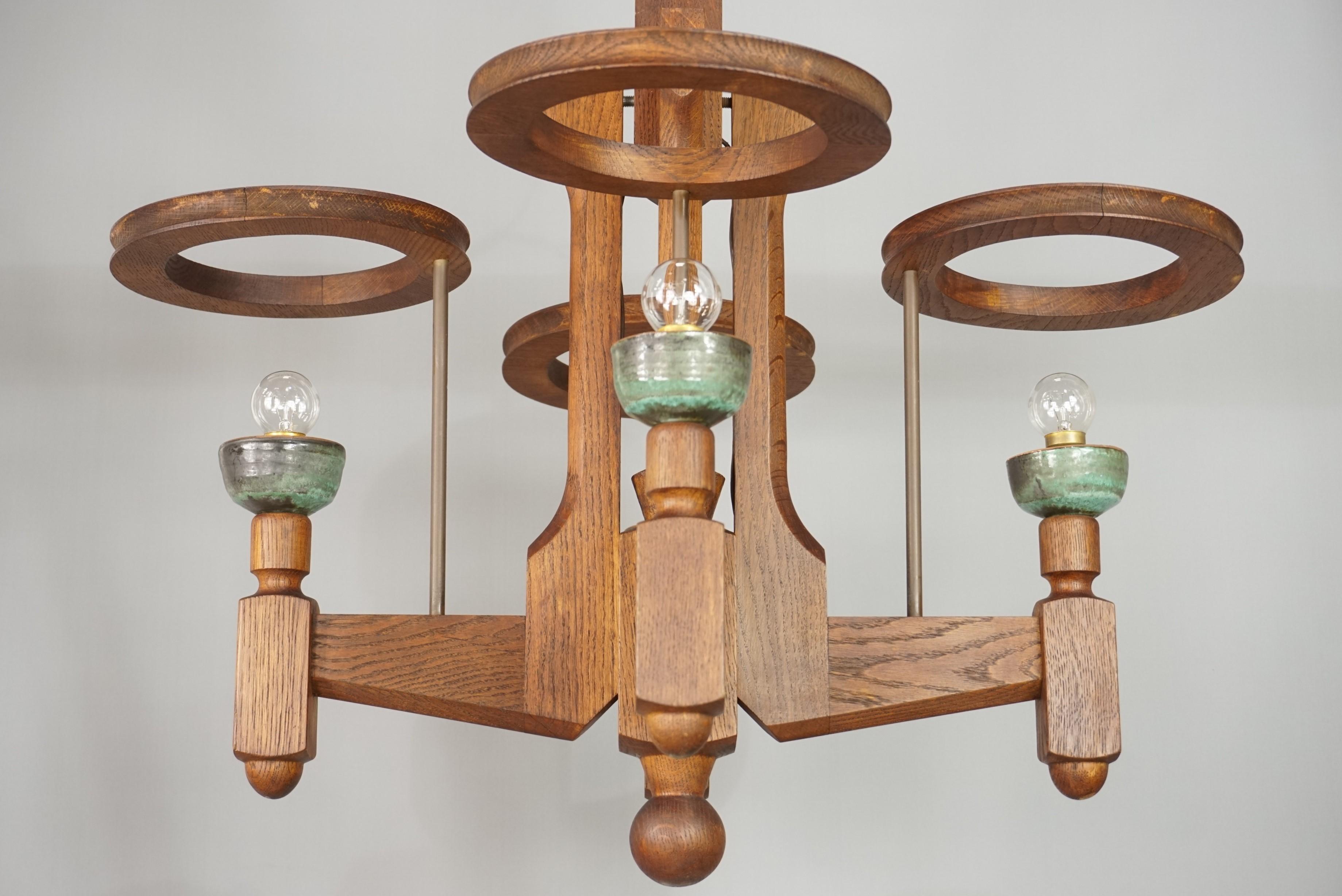 1960s French Design Oak and Ceramics Chandelier by Guillerme and Chambron 14
