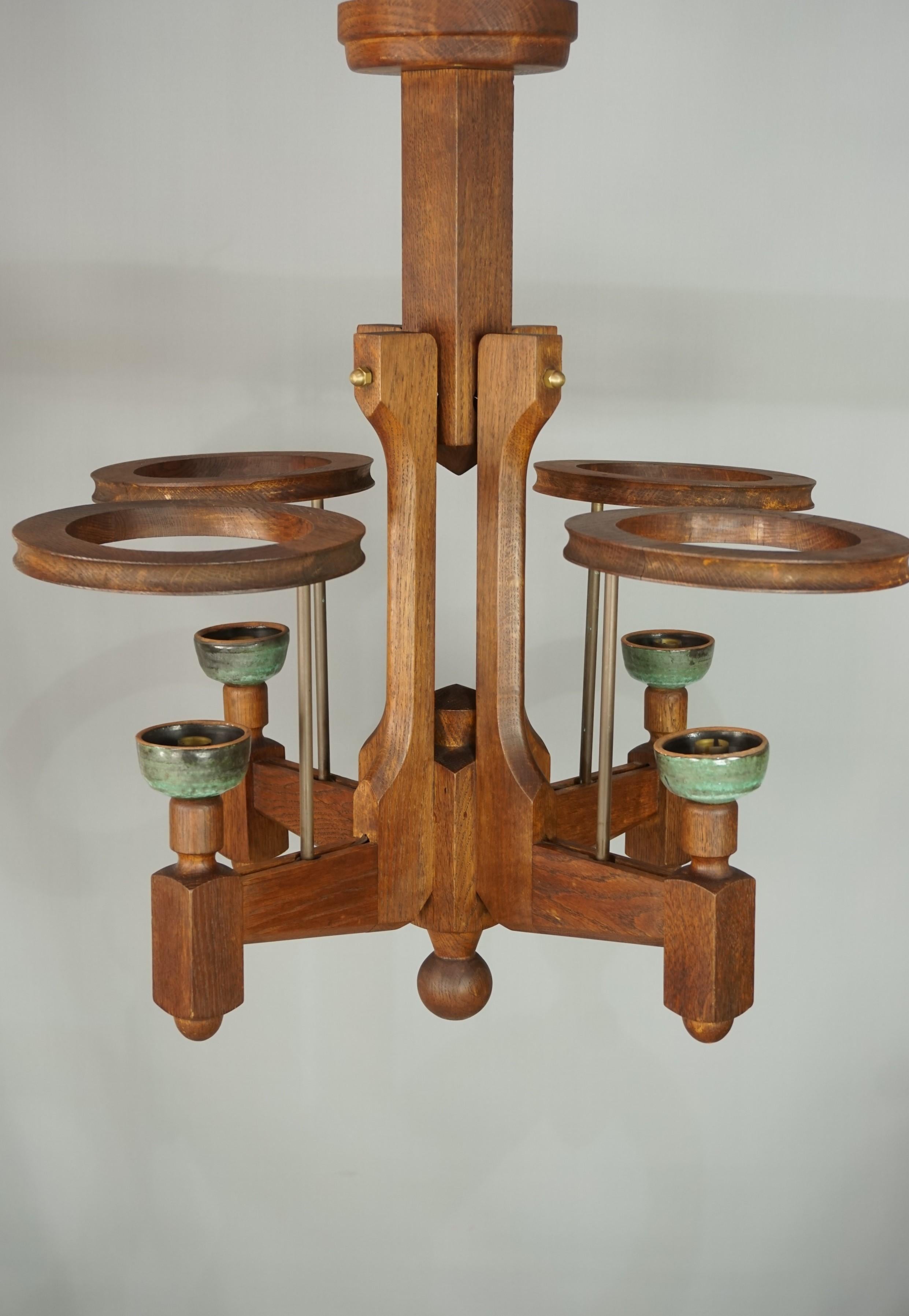 Mid-Century Modern 1960s French Design Oak and Ceramics Chandelier by Guillerme and Chambron