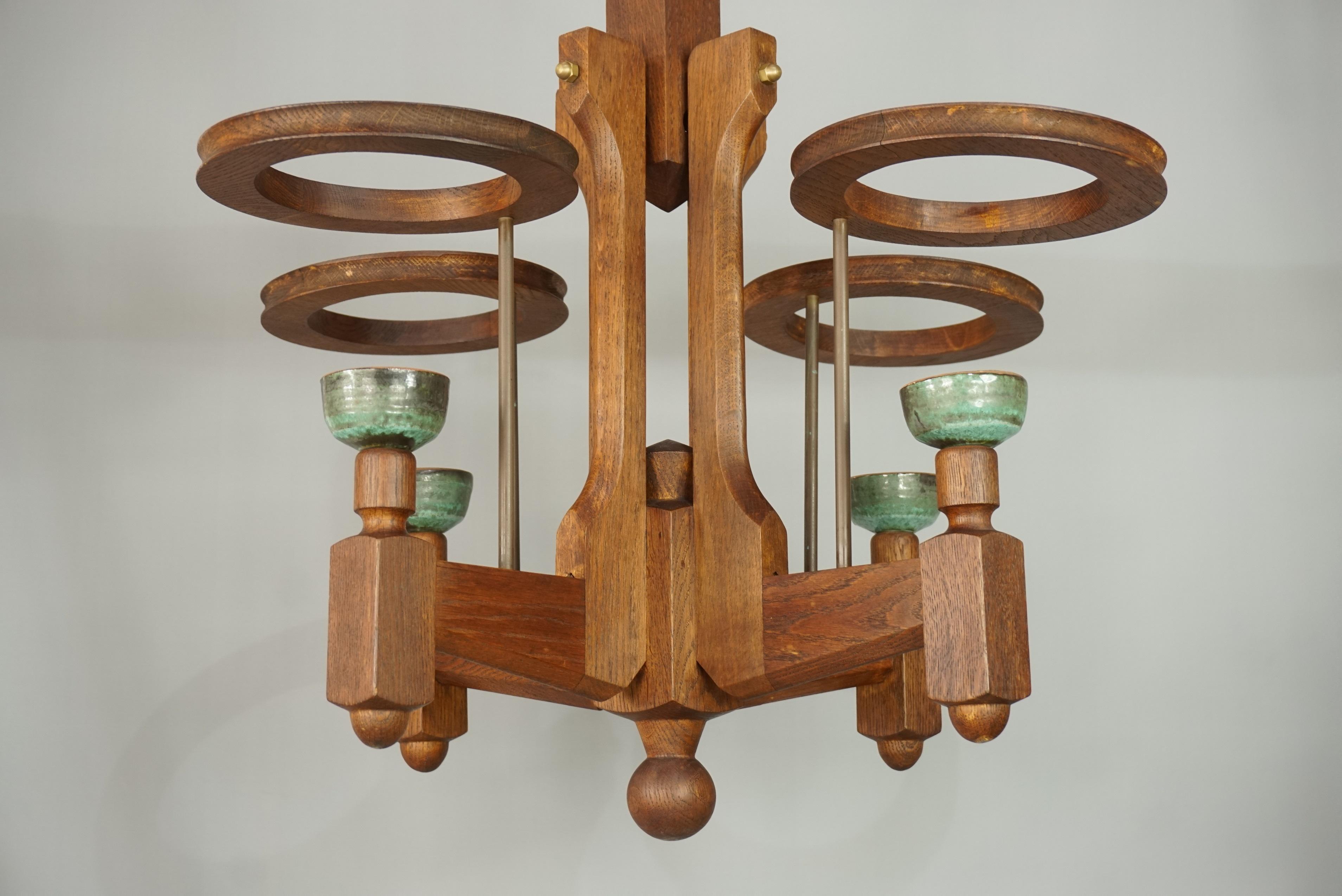 20th Century 1960s French Design Oak and Ceramics Chandelier by Guillerme and Chambron