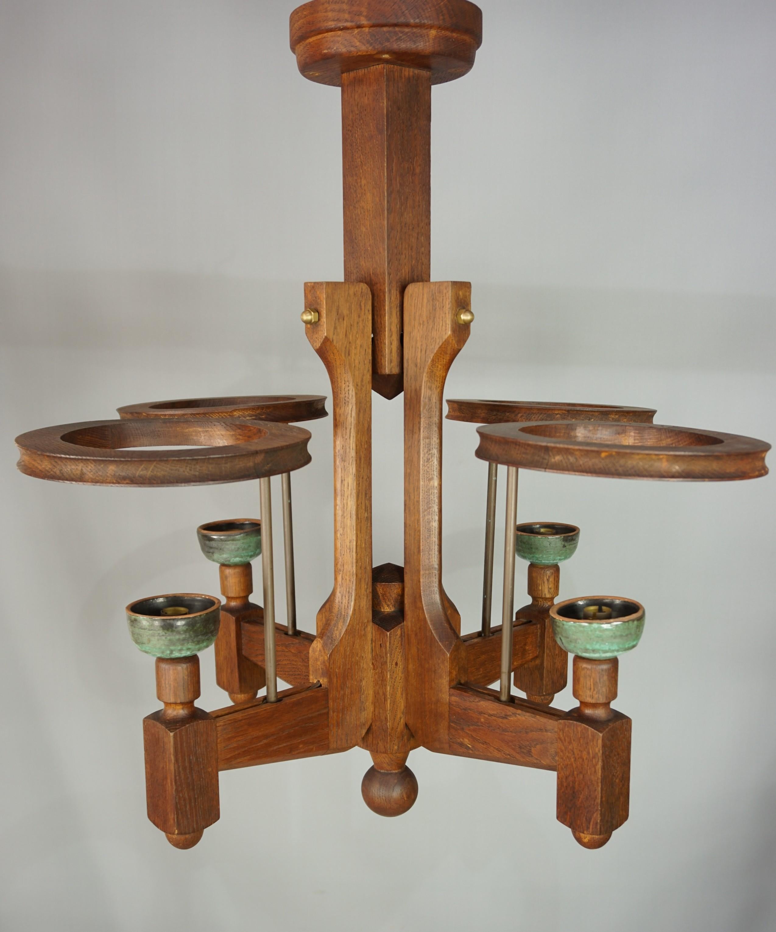 1960s French Design Oak and Ceramics Chandelier by Guillerme and Chambron 4