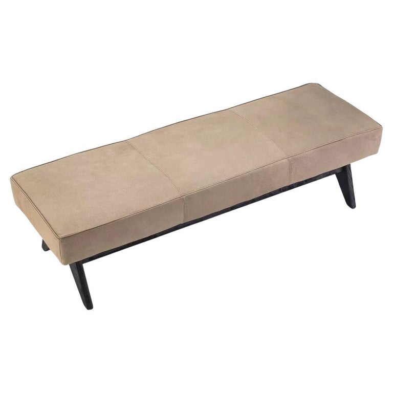 Compass Bench 1960s French Design Style Black Oak Wooden Compass Feet and Leather ...