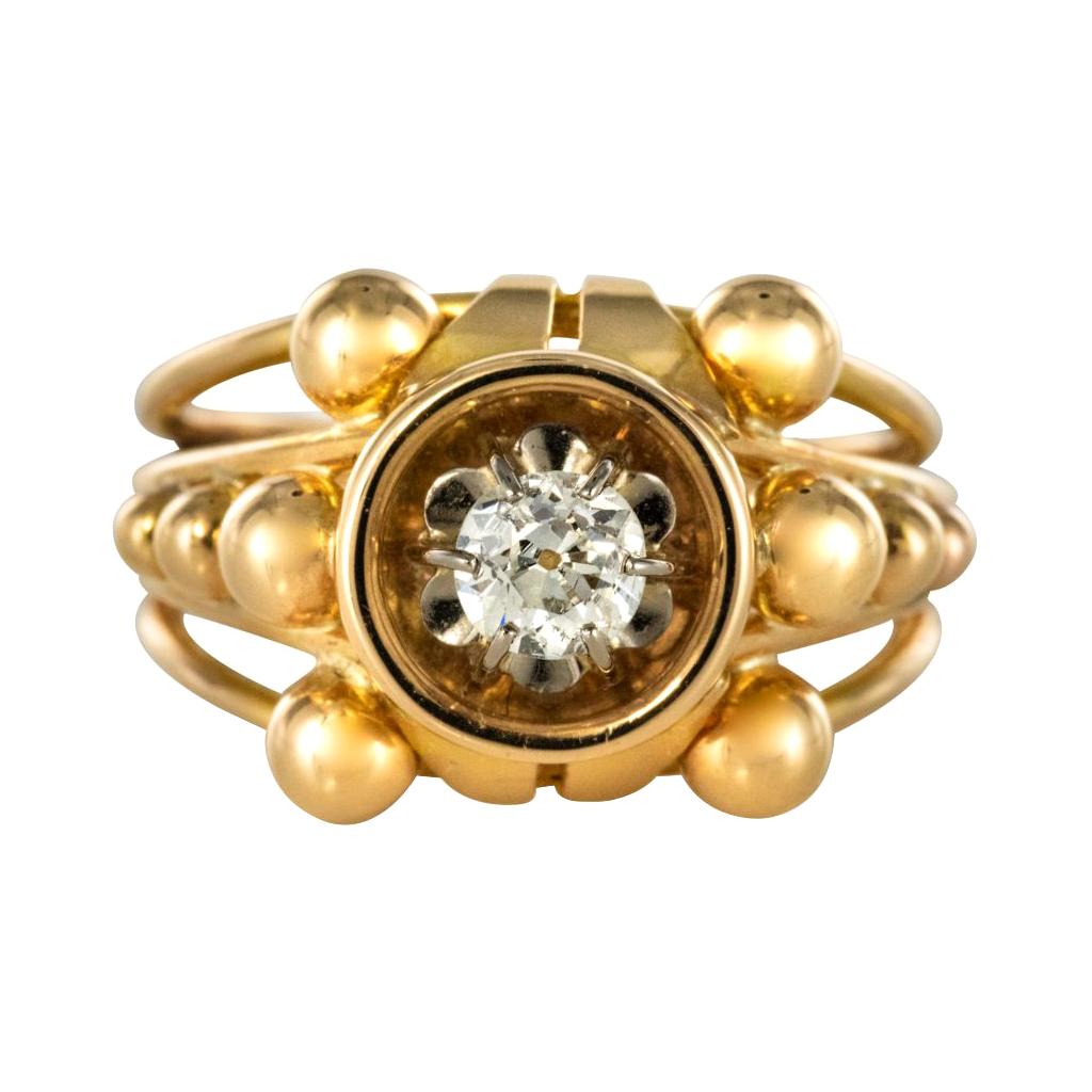 French 1960s Diamond 18 Karat Yellow Gold Retro Ring