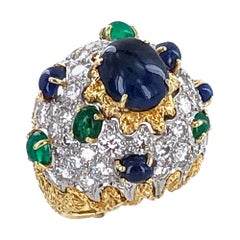 Vintage 1960s French Diamond Cabochon Sapphire Emerald Cocktail Dome Ring